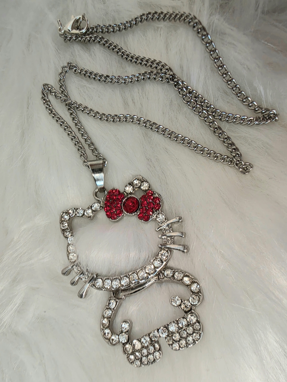 NEW Large Silver Red Rhinestone Hello Kitty Silhouette Pendant Necklace Size 18"